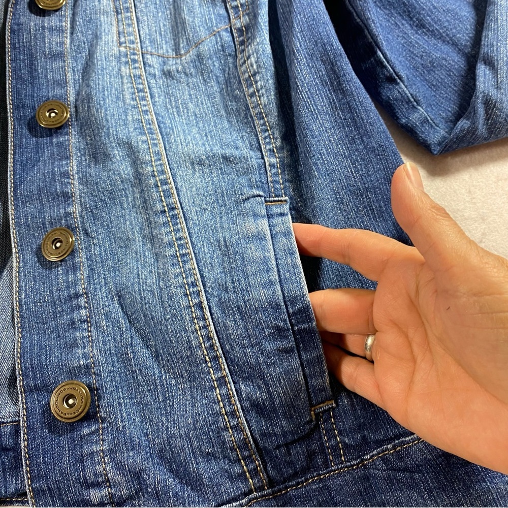 BANDOLINOBLU Jean Denim Jacket Button Down Pockets Adjustable Waist Med. Jacket - Picture 2 of 13